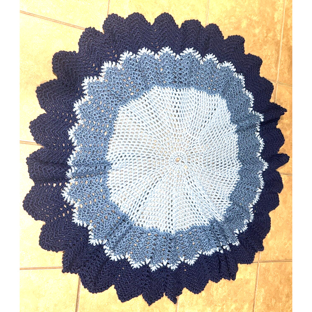 Vintage Crocheted Tablecloth Round Blue 44" Handmade afghan sofa blanket